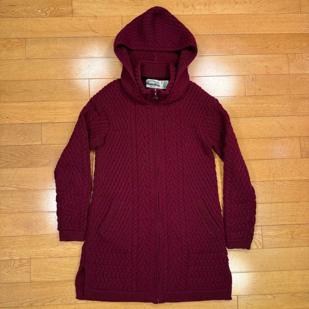 Aran Crafts Ireland Medium 100% Merino Wool Hooded Cable Knit Cardigan Burgundy